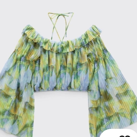 Zara Green and Blue Ruffled Off-Shoulder Crop Blouse - Picture 6 of 10